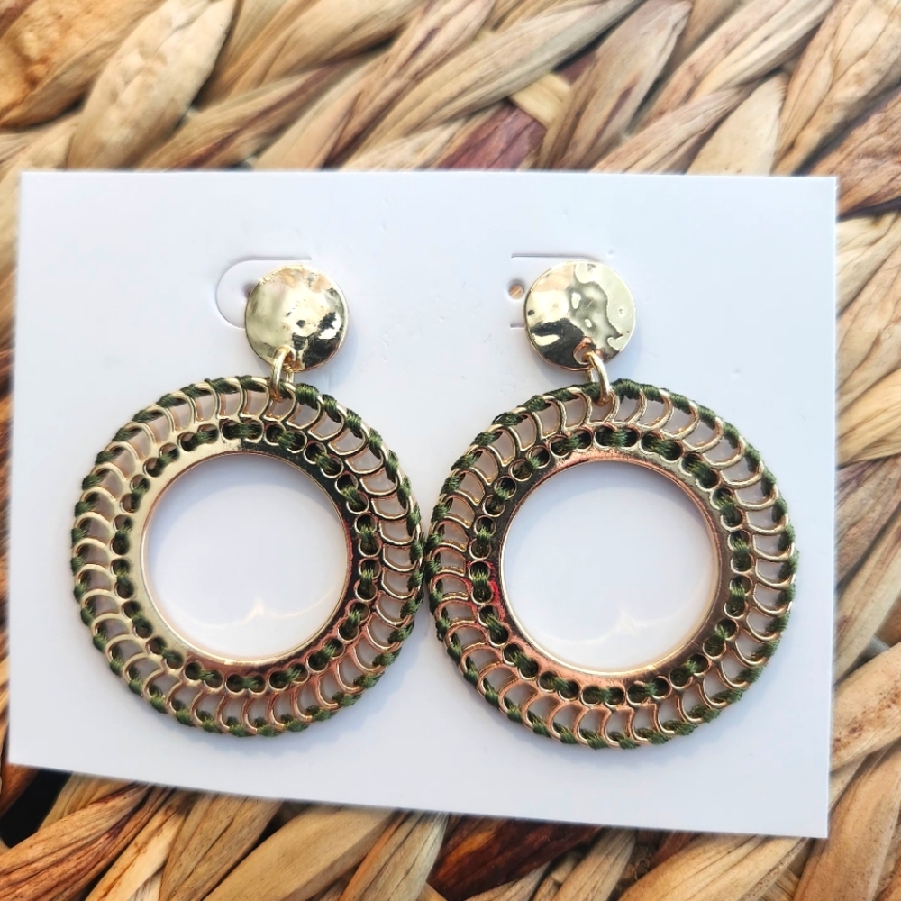 Gold and With Green Threaded Hoop Earrings